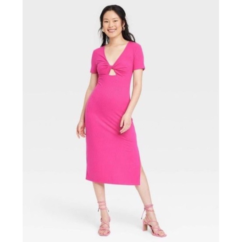 A New Day Pink Ribbed‎ Knot Front Midi Dress – Size Large
